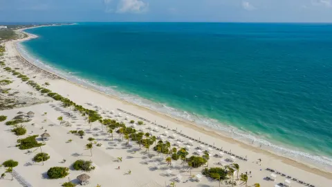 Aerial view of the beach and turquoise coastline at Majestic Elegance Costa Mujeres.
