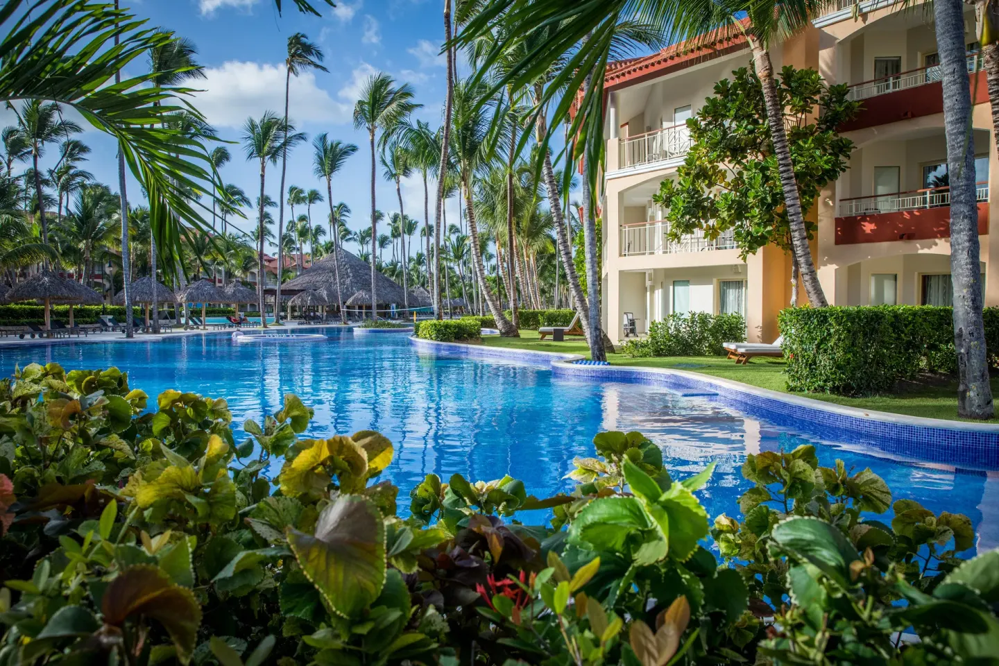 Garden-framed pool beside balconies at Majestic Elegance Punta Cana.