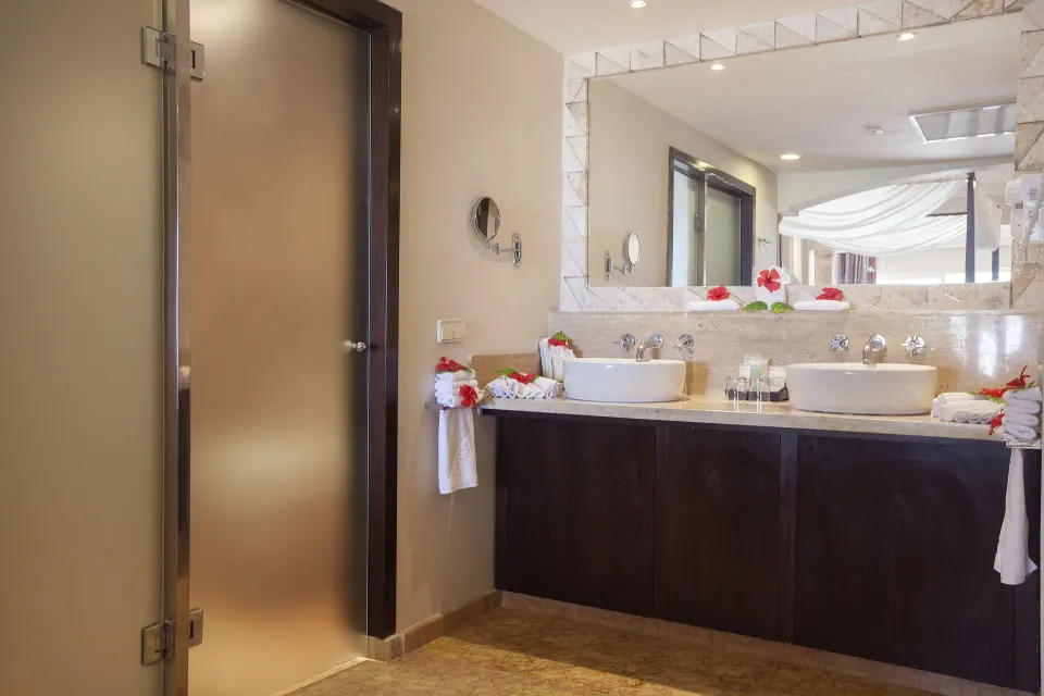 Double vanity bathroom in an Elegance Club Junior Suite at Majestic Elegance Punta Cana.