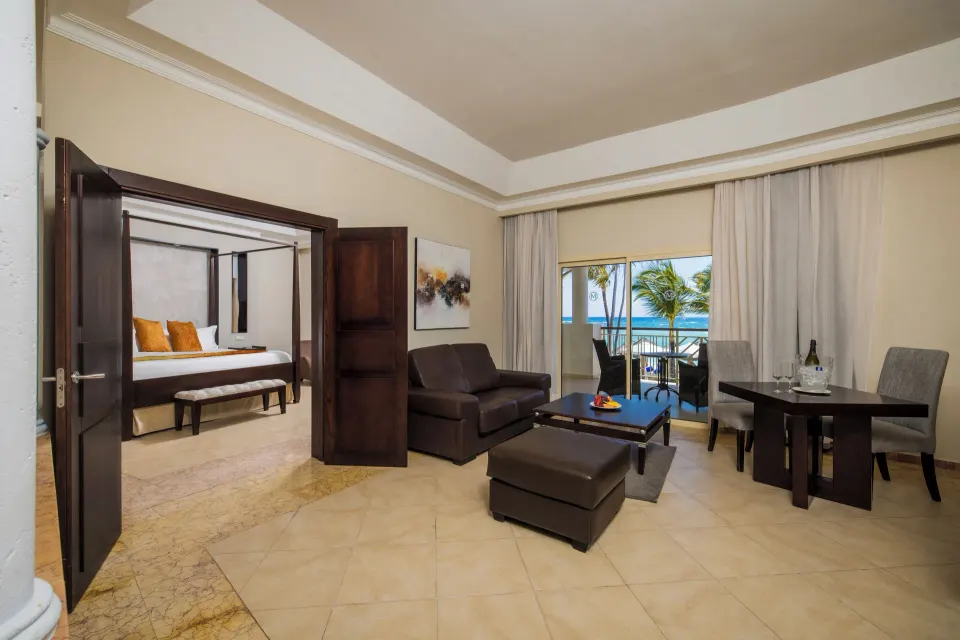 Elegance Club Ocean View Suite living room and bedroom at Majestic Elegance Punta Cana.
