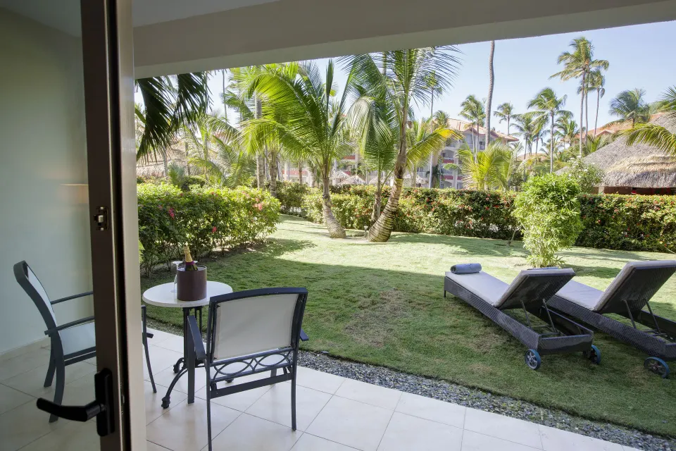 Elegance Club One Bedroom Suite patio and garden at Majestic Elegance Punta Cana.