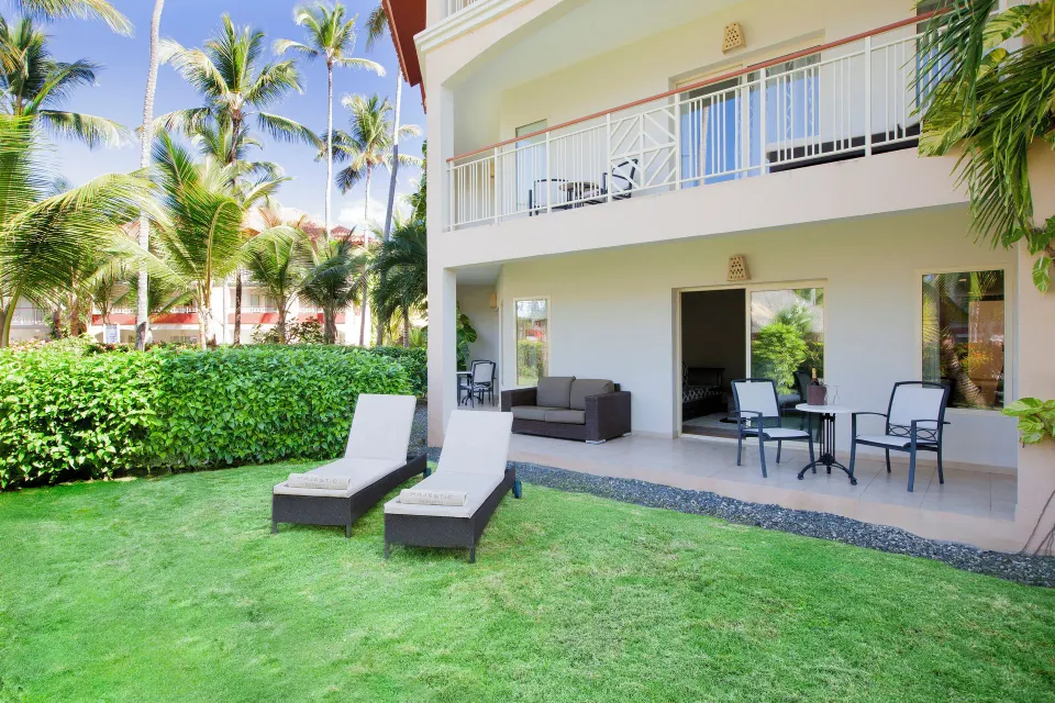 Elegance Club One Bedroom Suite terrace and lawn at Majestic Elegance Punta Cana.