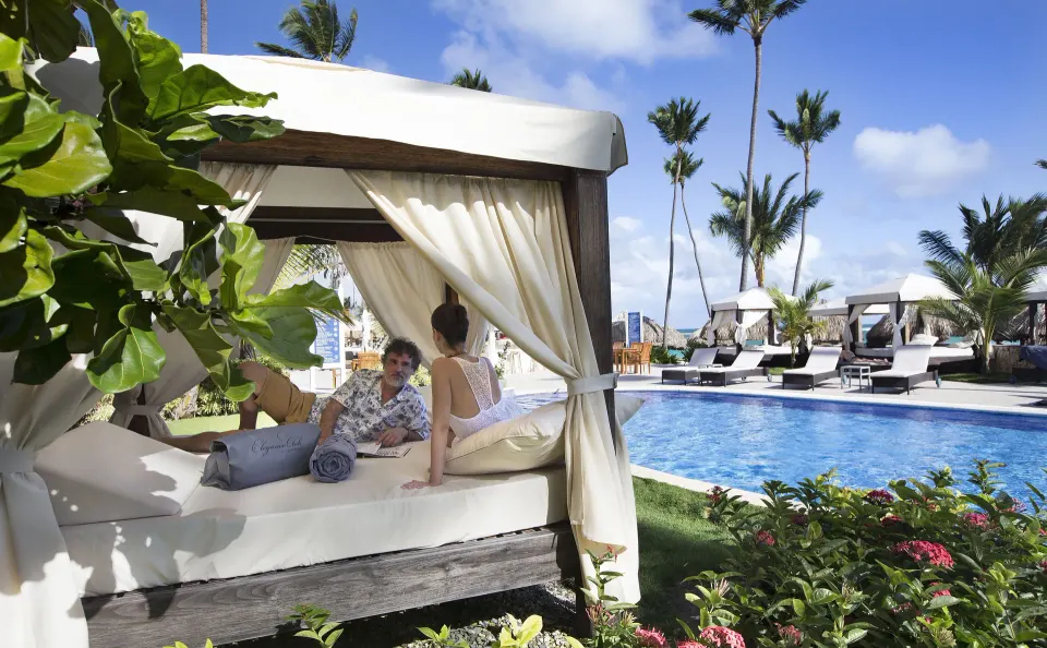 Poolside cabana by the Elegance Club Swim Up Suite at Majestic Elegance Punta Cana.