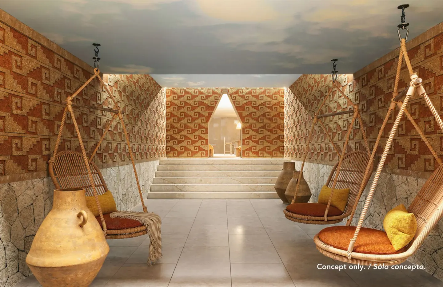 Concept lounge corridor with hanging wicker chairs at Majestic Mirage Costa Mujeres.