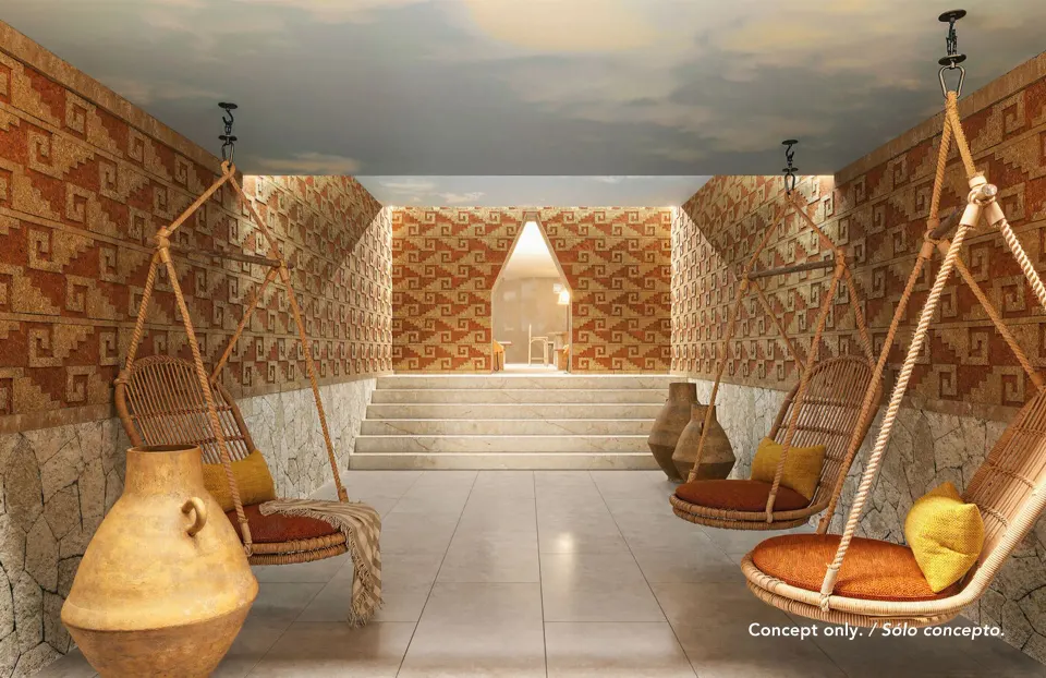 Concept lounge corridor with hanging wicker chairs at Majestic Mirage Costa Mujeres.