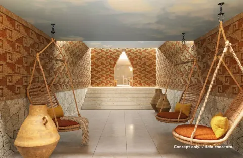 Concept lounge corridor with hanging chairs at Majestic Mirage Costa Mujeres.