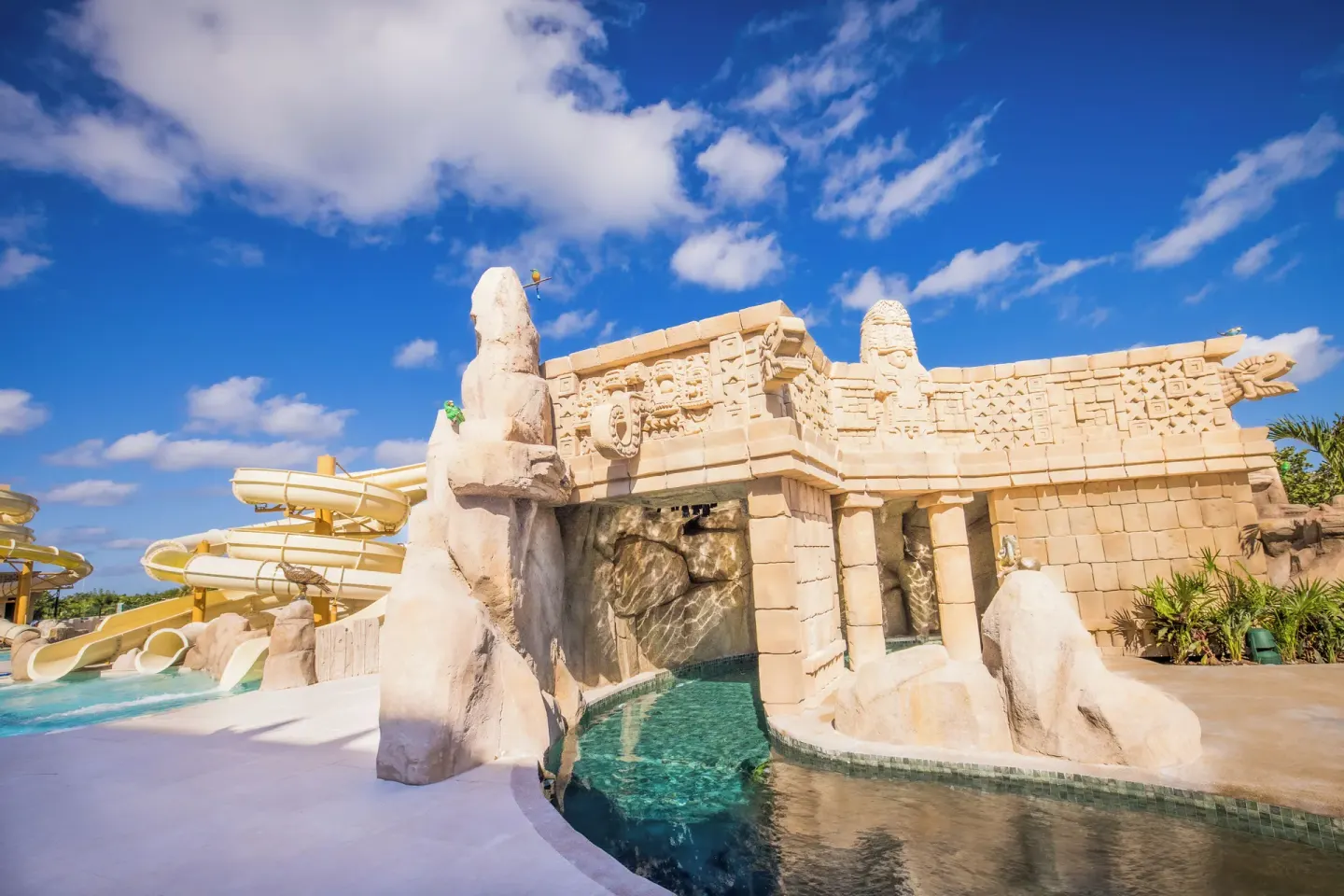 Mayan-style water park structure and slides at Majestic Mirage Costa Mujeres.