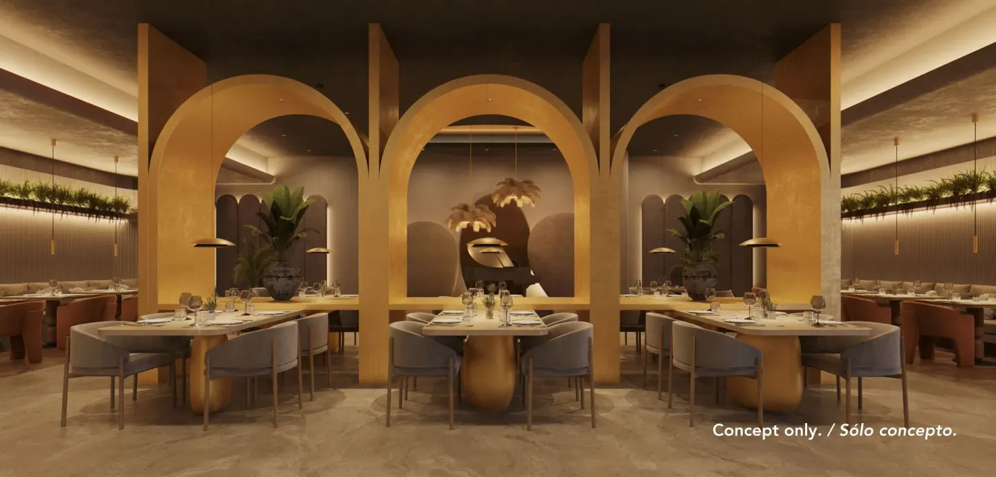 Concept rendering of an arched dining room at Majestic Mirage Costa Mujeres.