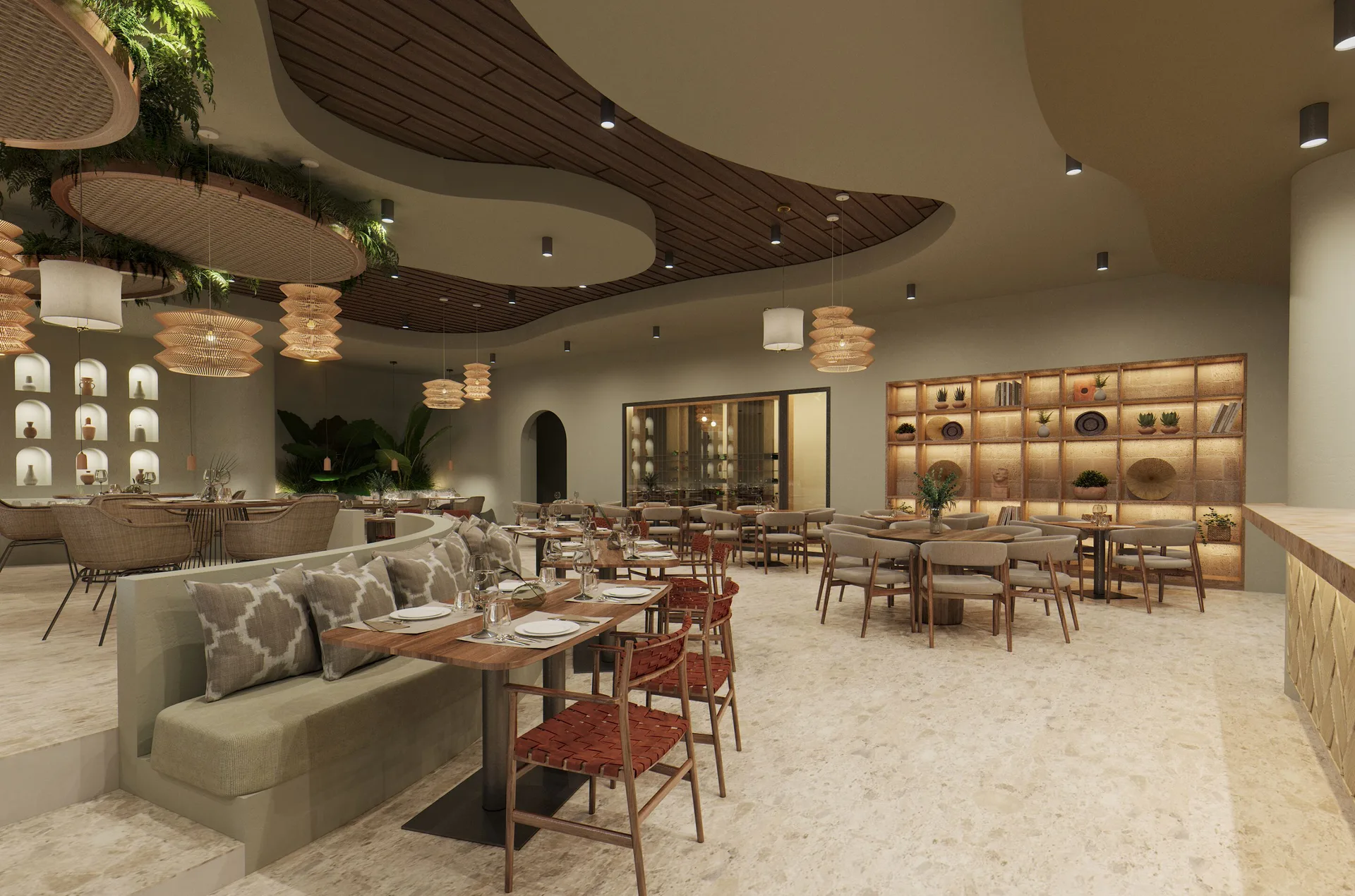 Elegant restaurant dining room with curved ceiling at Majestic Mirage Costa Mujeres.