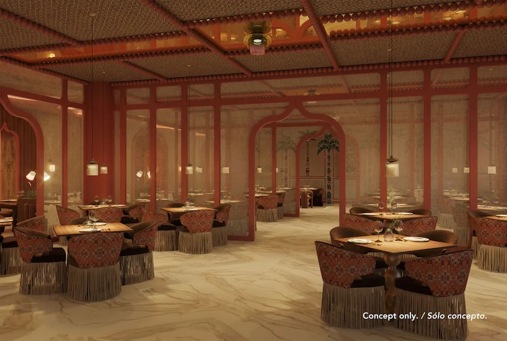 Ornate restaurant dining room with set tables at Majestic Mirage Costa Mujeres.