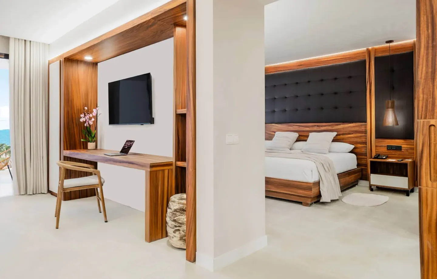 Family Club One Bedroom Suite bedroom and desk at Majestic Mirage Costa Mujeres.