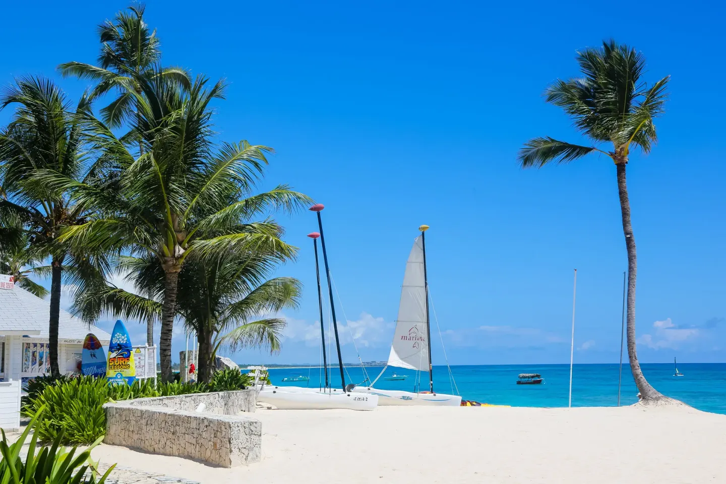 Catamarans rest on a palm-lined beach by Majestic Mirage Punta Cana.
