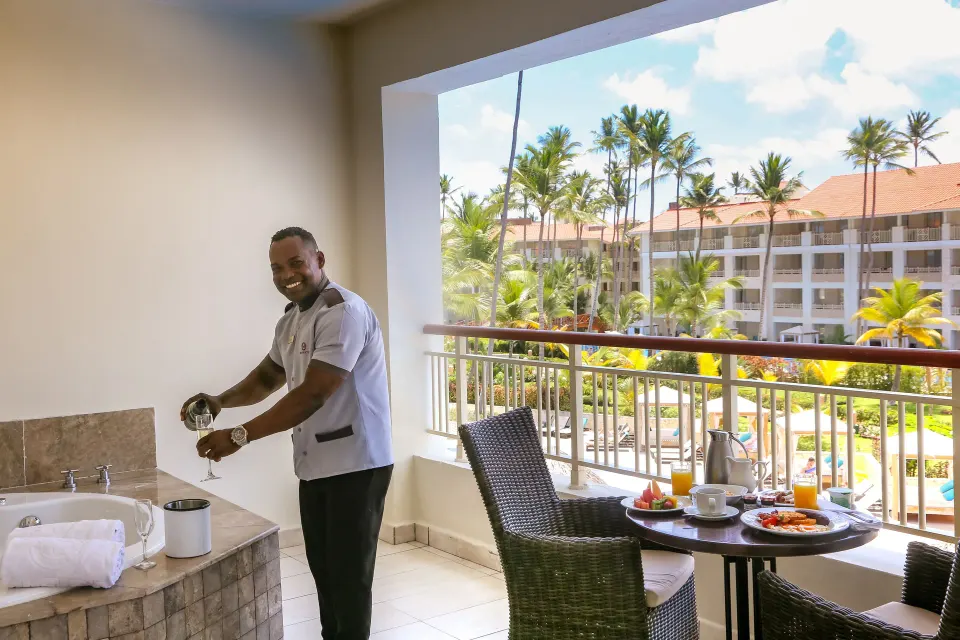 Balcony Jacuzzi and breakfast setup at Majestic Mirage Punta Cana.