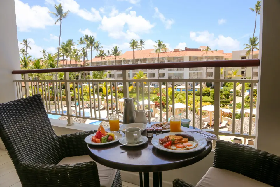 Balcony breakfast in a Mirage Club One Bedroom Suite at Majestic Mirage Punta Cana.