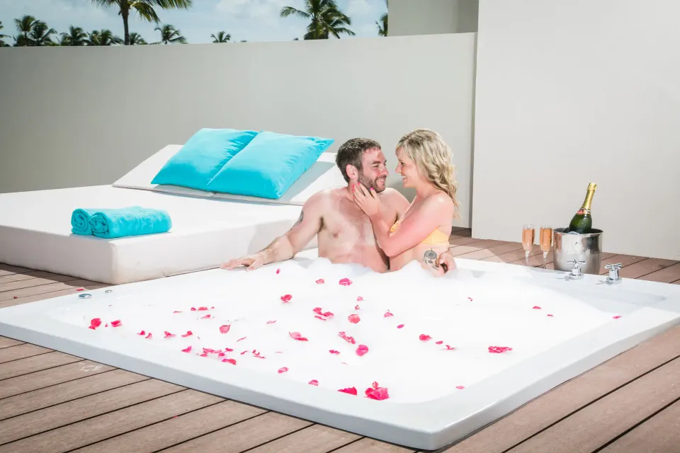 Sky View Suite rooftop Jacuzzi with daybed at Majestic Mirage Punta Cana.