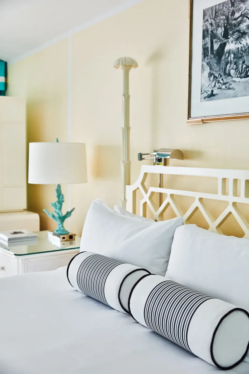 Turtle Cove Suite king bed detail with white pillows at Malliouhana Resort Anguilla.