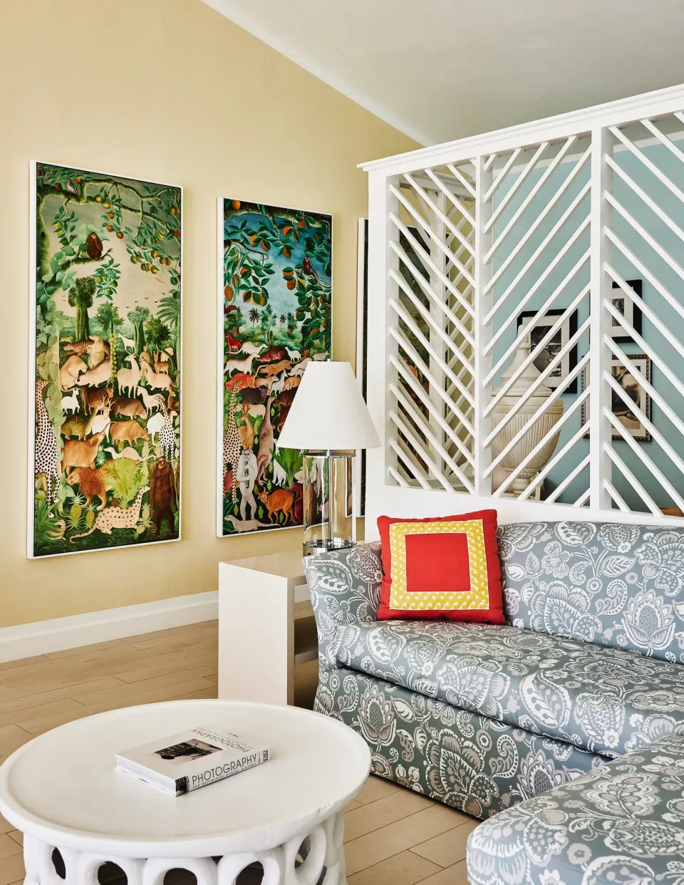 Turtle Cove Suite sofa and lattice divider at Malliouhana Resort Anguilla.