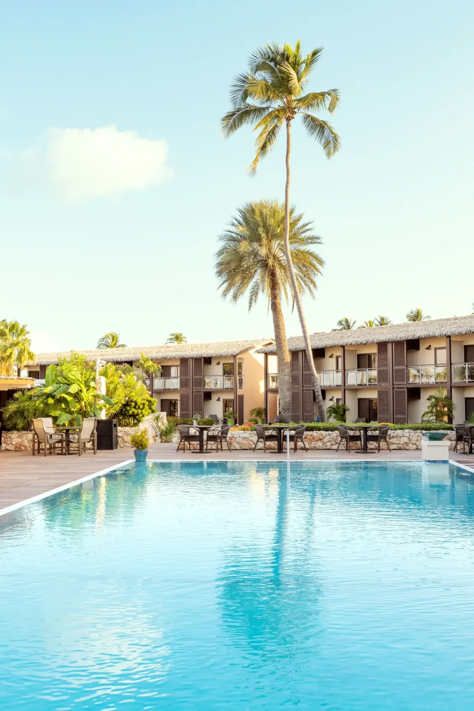 Swimming pool with palm trees and guest buildings at Manchebo Beach Resort and Spa.