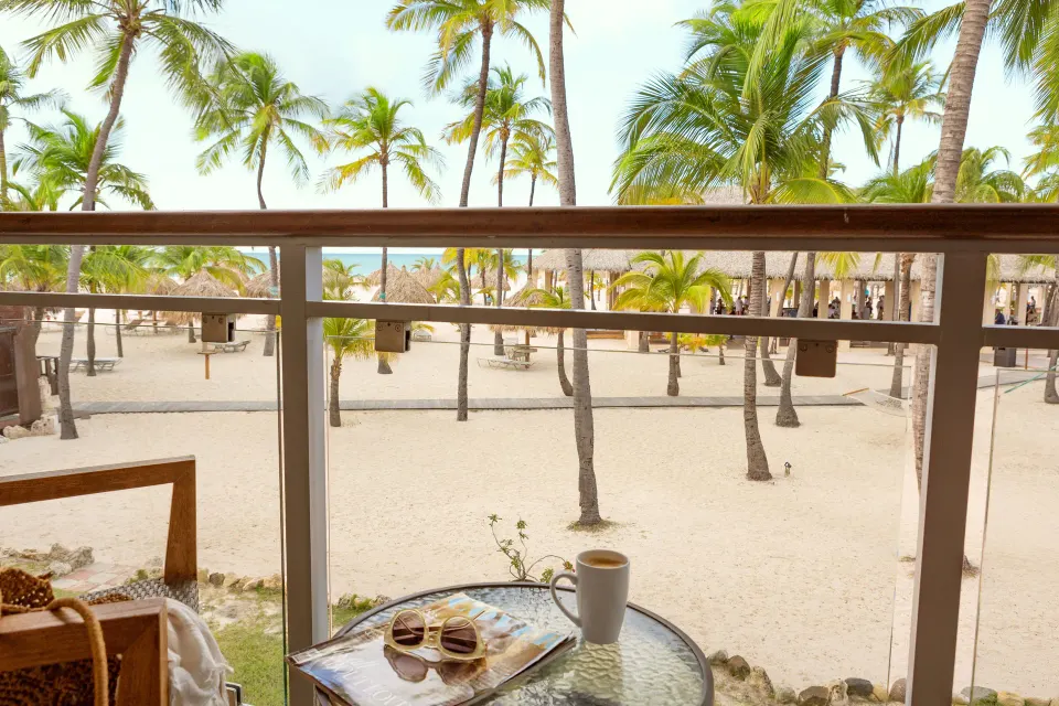 Balcony view from a Deluxe Ocean View Room at Manchebo Beach Resort and Spa with palms and beach.