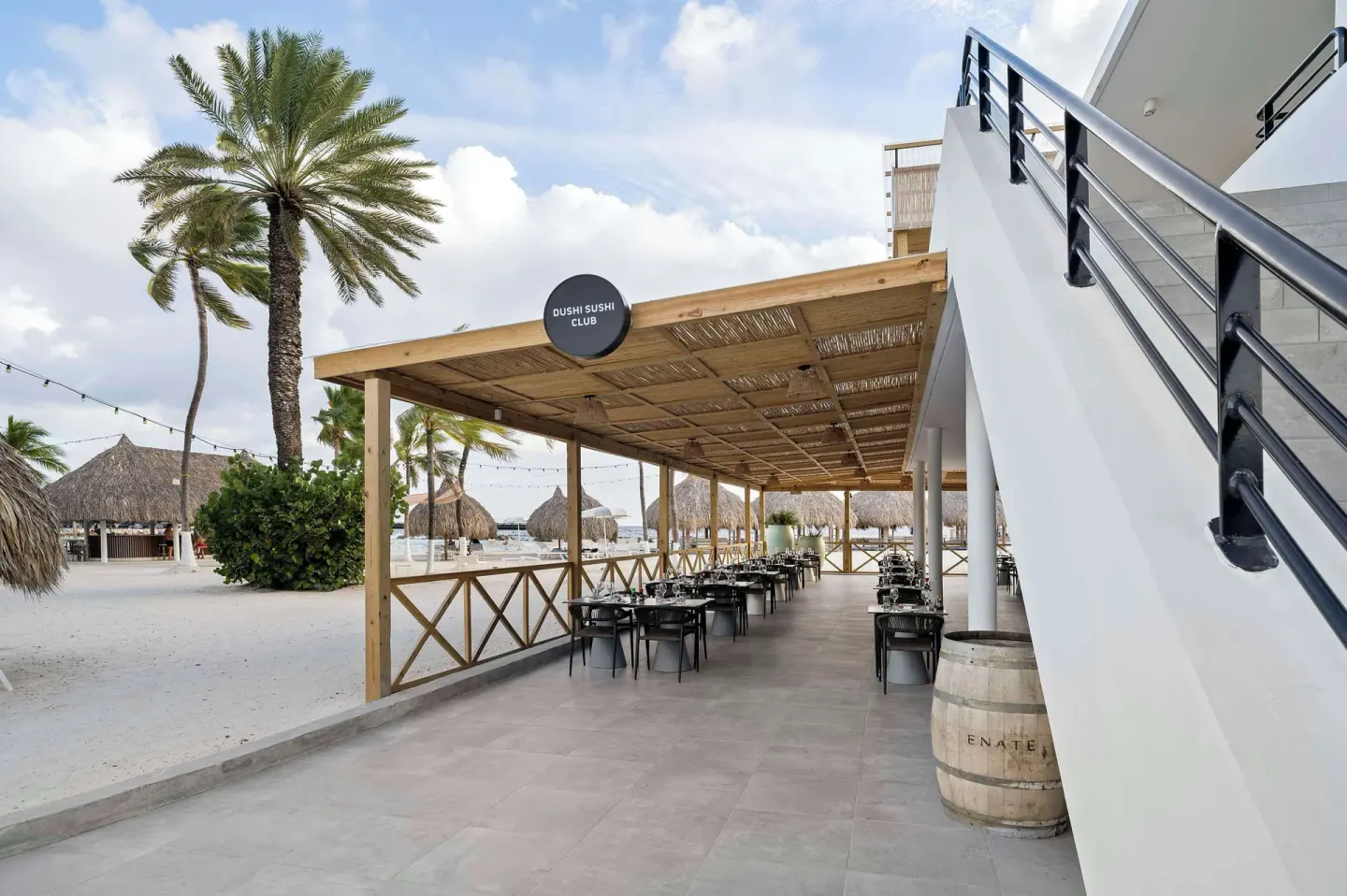 Dushi Sushi Club terrace seating at Mangrove Beach Corendon Curacao Resort.