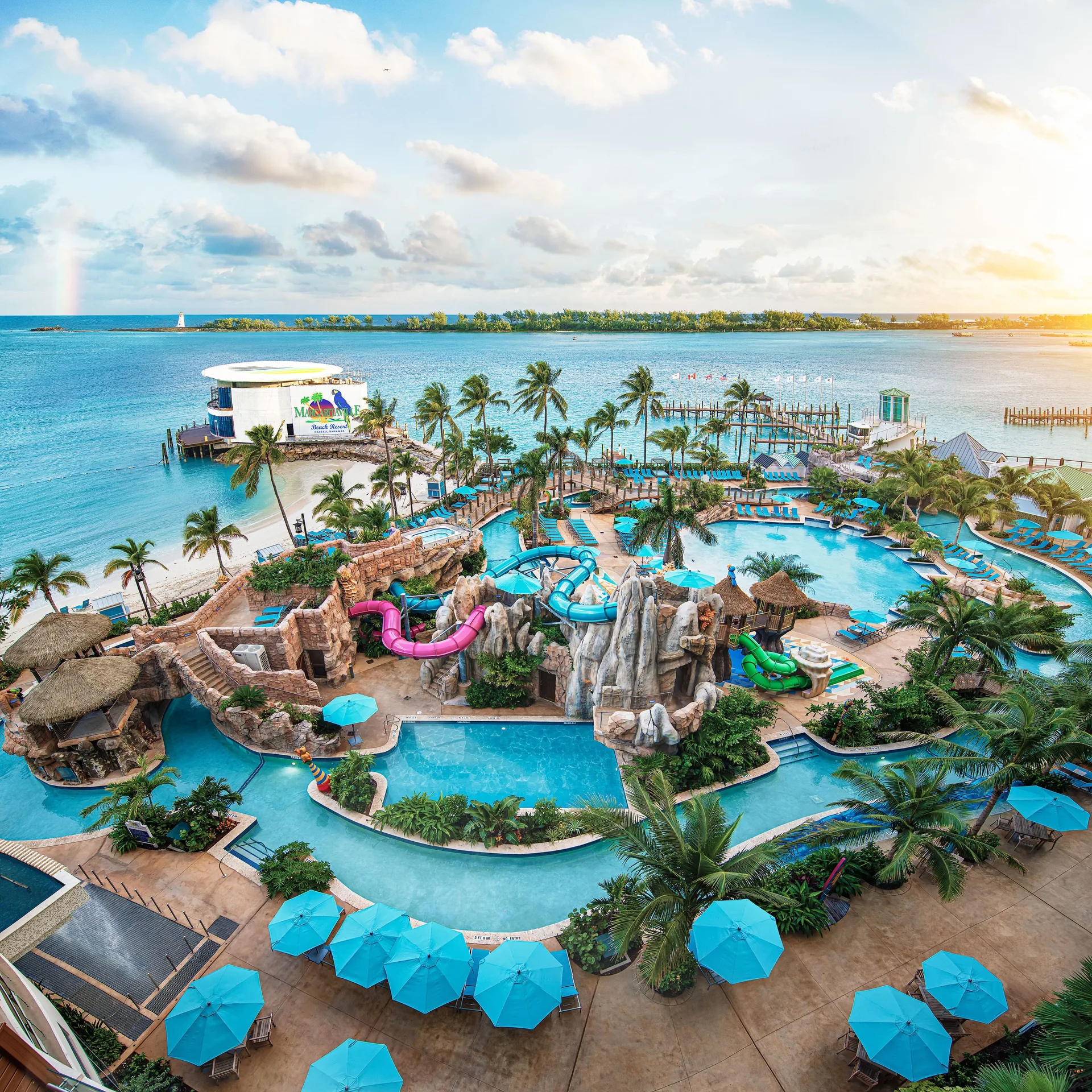 Aerial water park and pools at Margaritaville Beach Resort - Nassau.