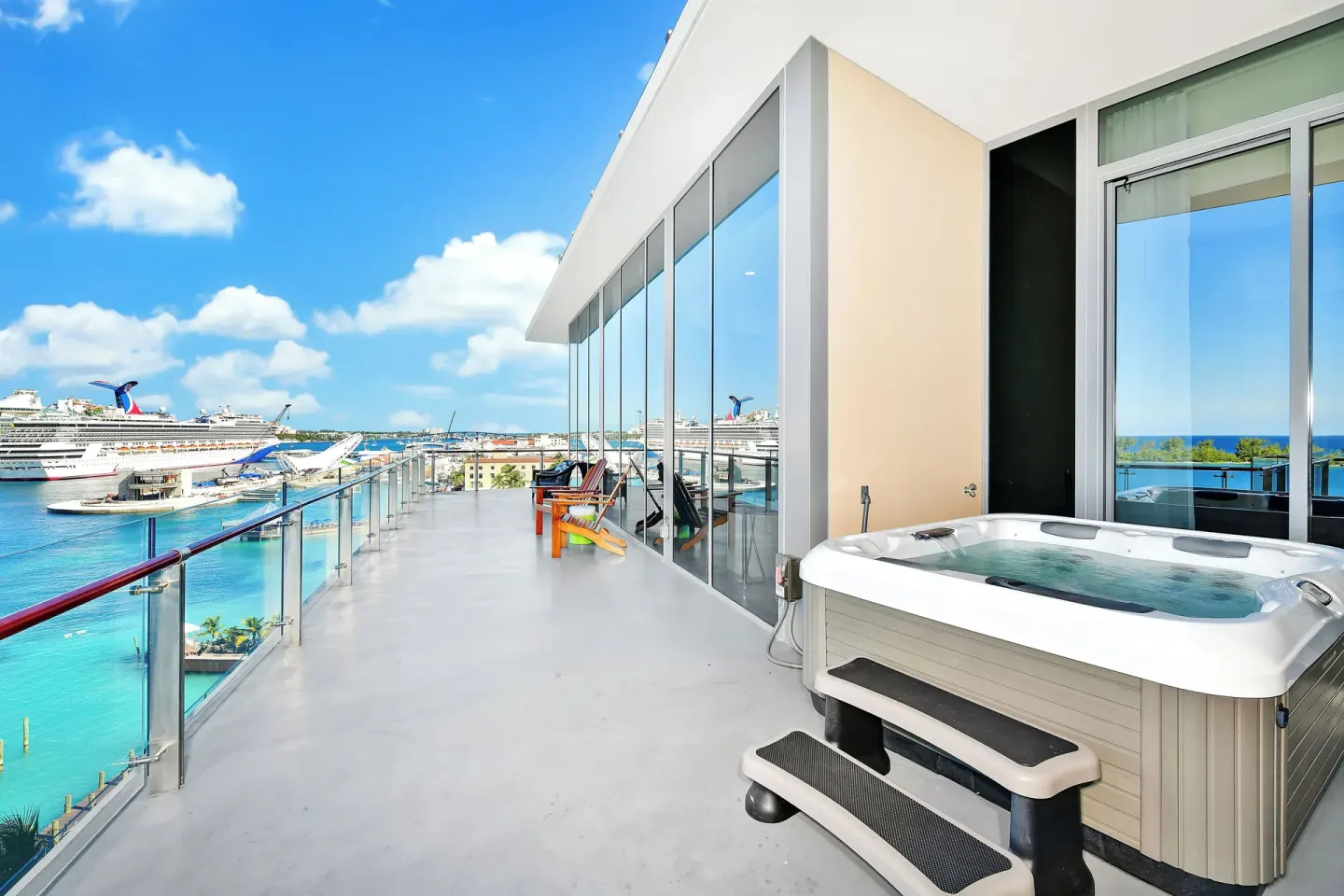 Large balcony with hot tub and harbor view at Margaritaville Beach Resort - Nassau.