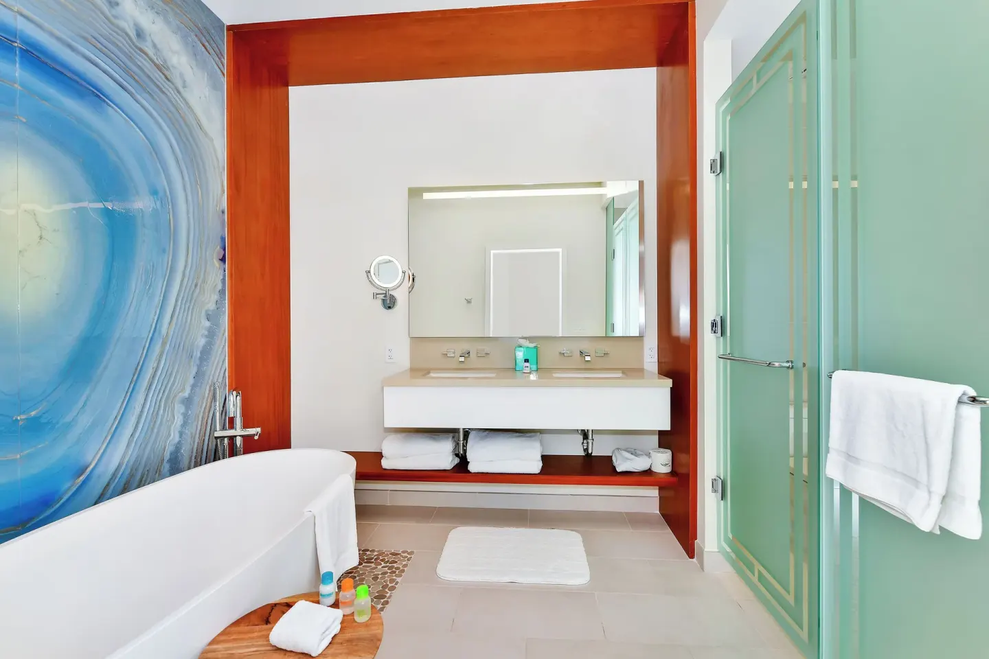 Bathroom vanity and soaking tub at Margaritaville Beach Resort - Nassau.