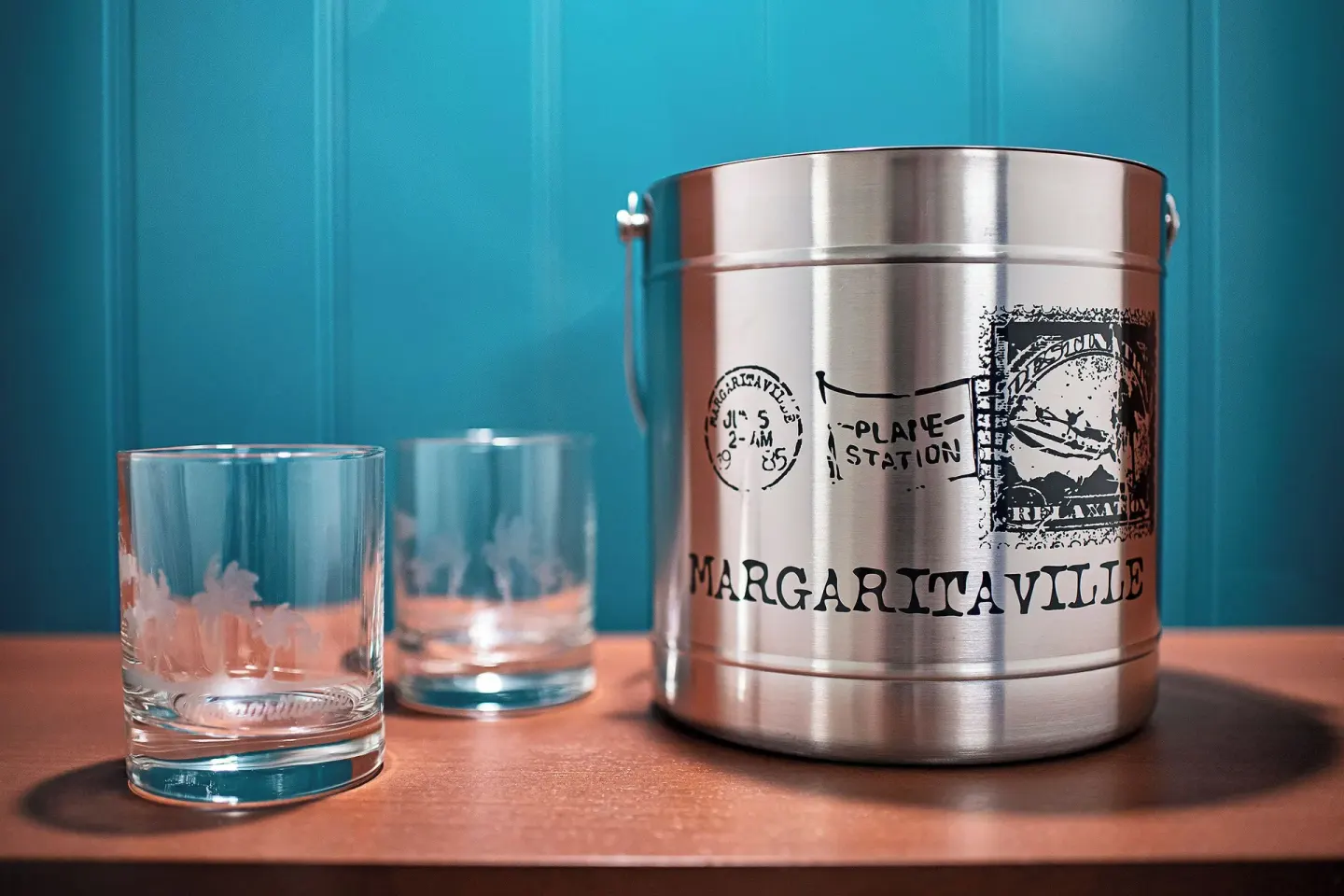 Ice bucket and glasses on a shelf at Margaritaville Beach Resort - Nassau.