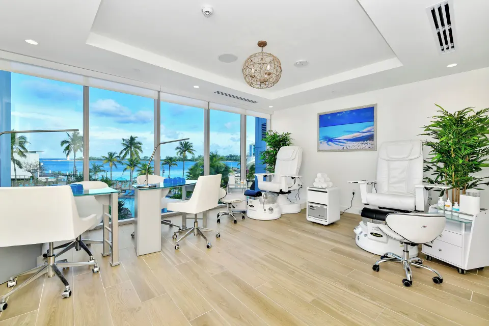 Spa manicure and pedicure room with ocean views at Margaritaville Beach Resort - Nassau.