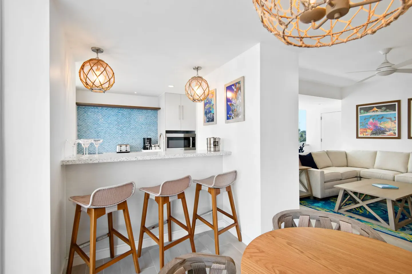 Suite kitchen bar and living area at Margaritaville Beach Resort - Nassau.
