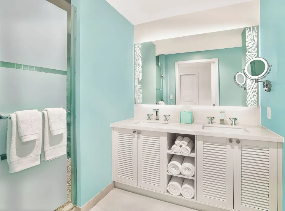 Guest bathroom with double vanity at Margaritaville Beach Resort - Nassau.