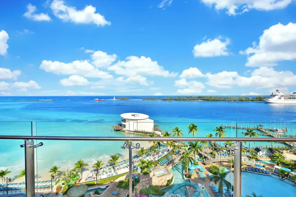 Oceanfront balcony view over beach and water at Margaritaville Beach Resort - Nassau.