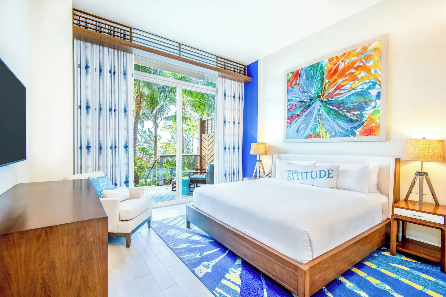 King-bed studio with balcony and palm views at Margaritaville Beach Resort - Nassau.