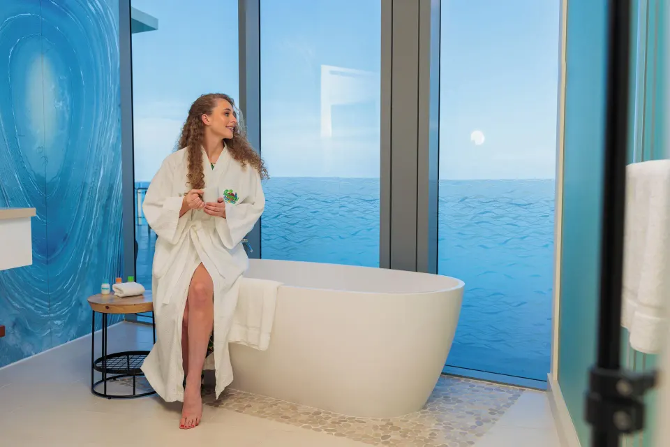 Oceanfront suite bathroom with soaking tub at Margaritaville Beach Resort - Nassau.