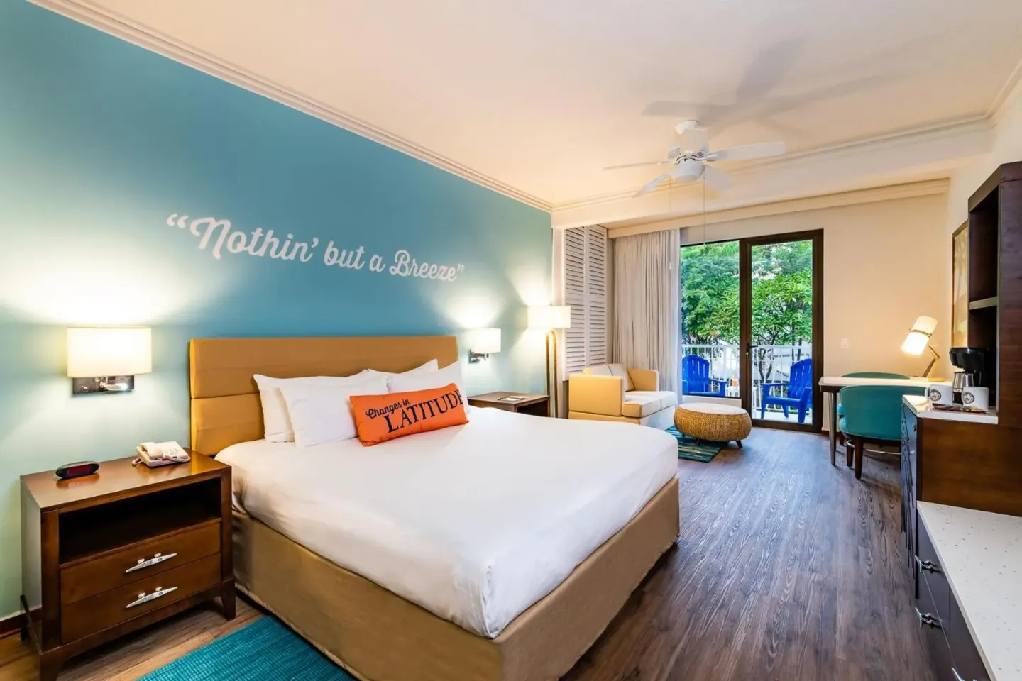 King guest room with balcony at Margaritaville Beach Resort Playa Flamingo.