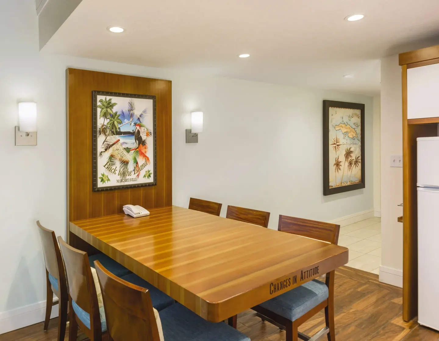 Dining table in a guest room suite at Margaritaville Vacation Club - St. Thomas.