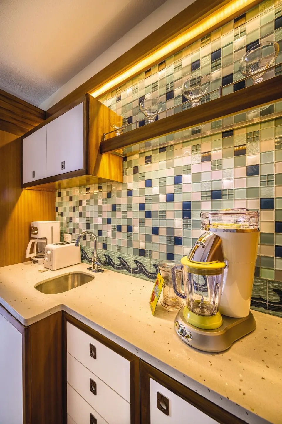 Guest room kitchenette counter at Margaritaville Vacation Club - St. Thomas.