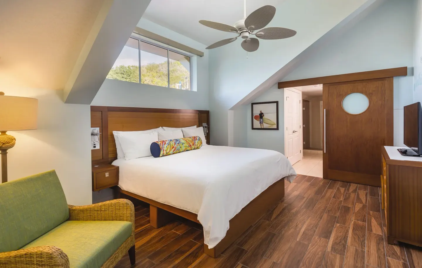 Loft-style king bed guest room at Margaritaville Vacation Club - St. Thomas.
