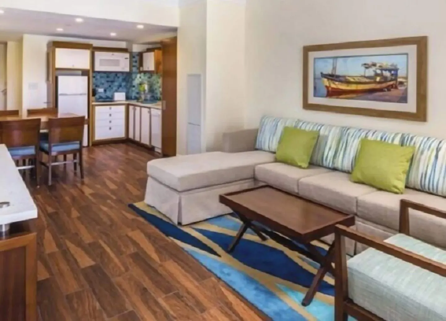 Standard 1 Bedroom condo living area and kitchenette at Margaritaville Vacation Club - St. Thomas.