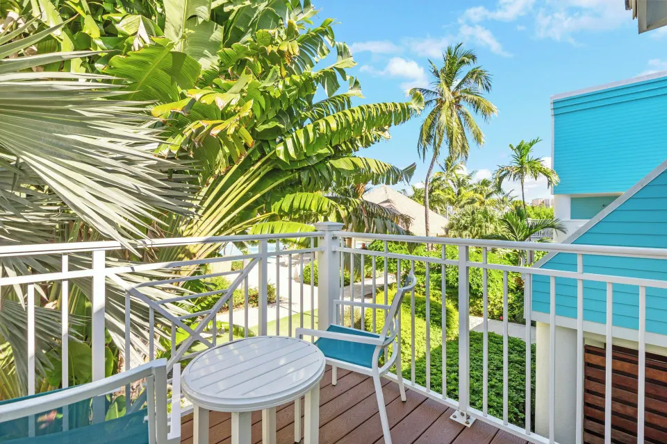 Studio Suite balcony with tropical foliage at Margaritaville Vacation Club - St. Thomas.