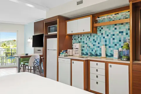 Studio Suite kitchenette and dining area at Margaritaville Vacation Club - St. Thomas.
