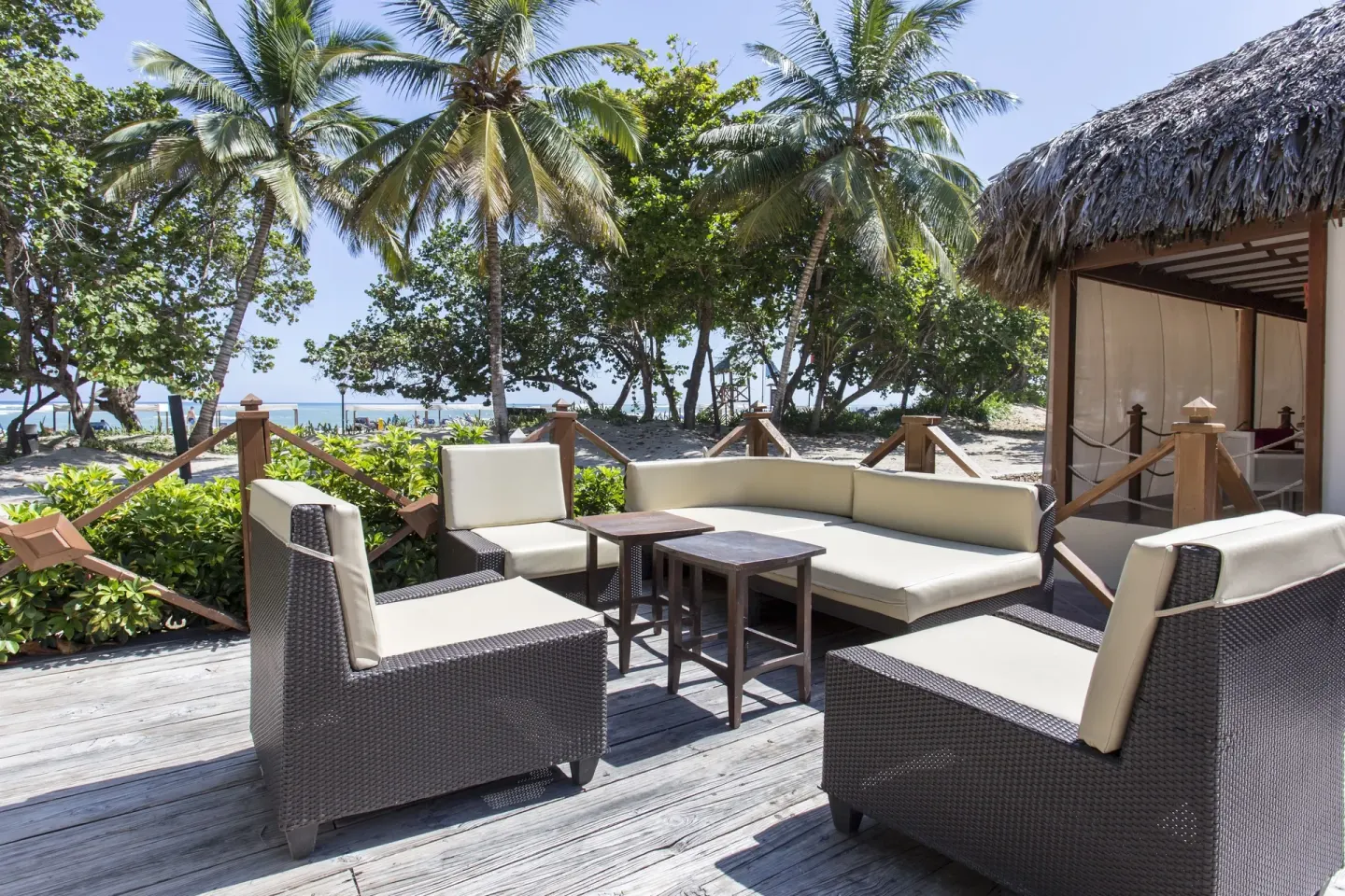Beachside lounge seating under palms at Marien Puerto Plata.