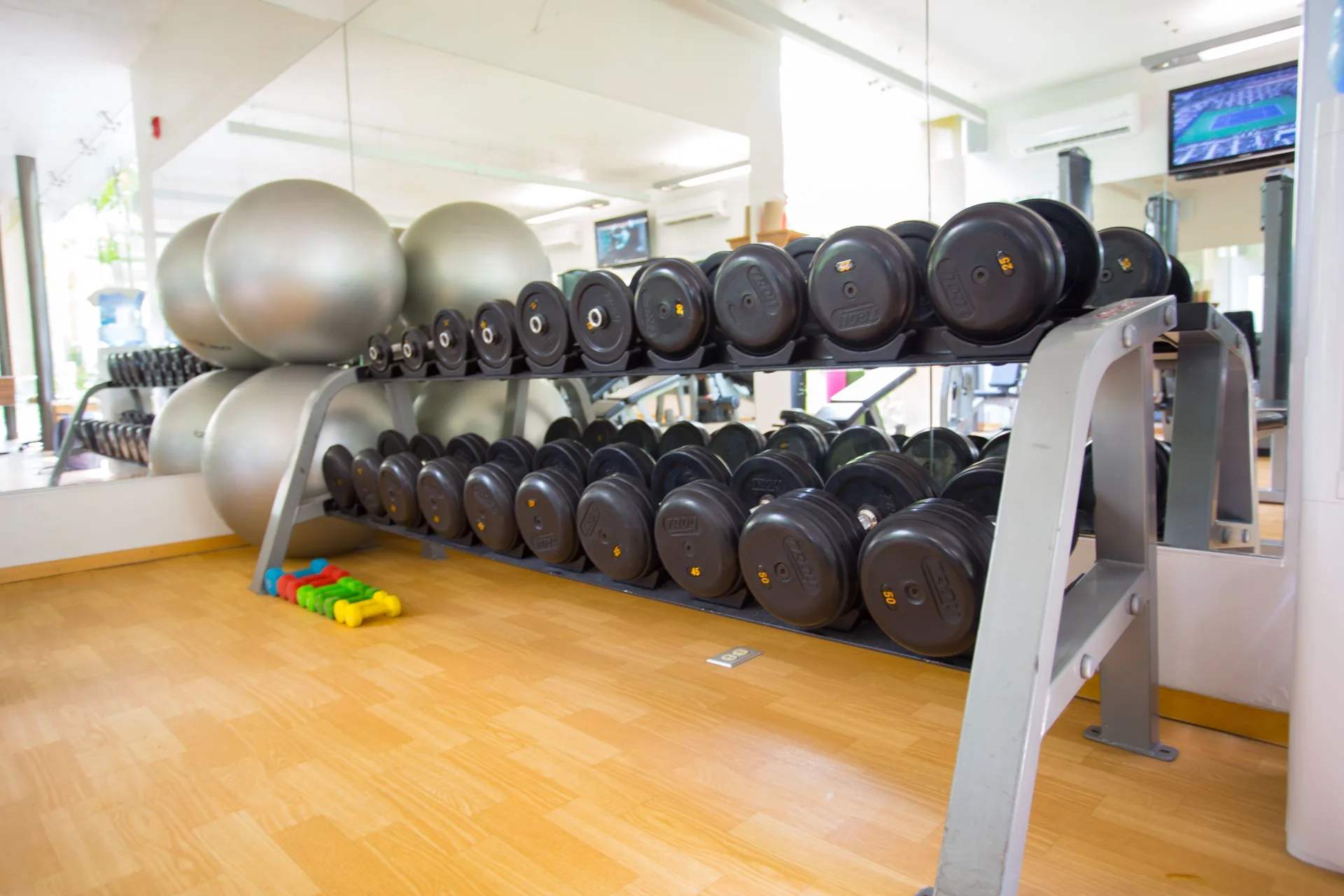 Dumbbell rack and exercise balls in the fitness center at Marival Distinct World Spa.