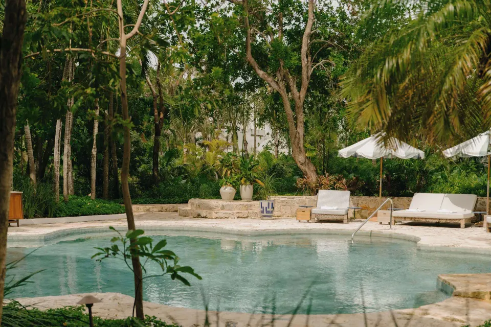 Deluxe Garden View Room pool terrace with loungers amid tropical greenery at Maroma, Riviera Maya.