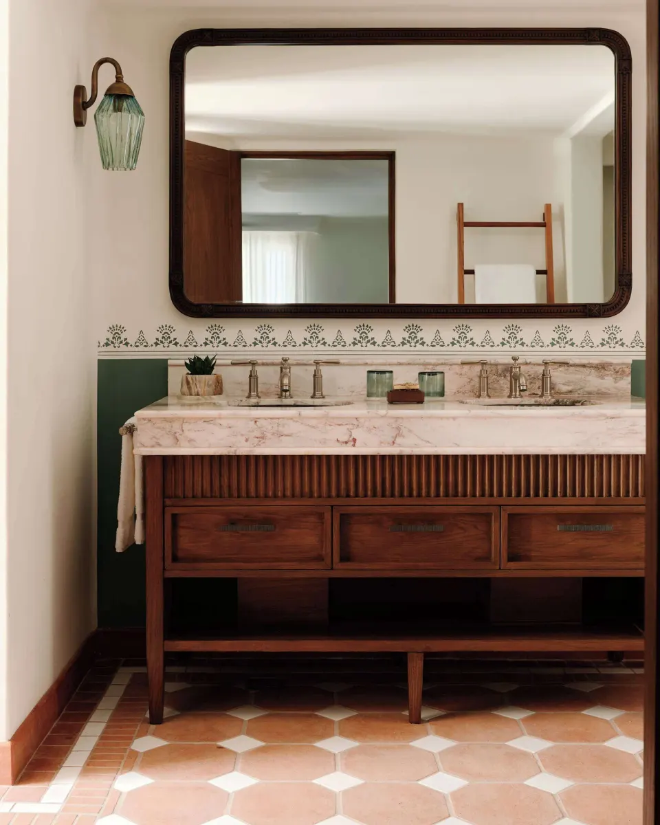 Junior Suite Garden View bathroom vanity with double sinks at Maroma, Riviera Maya.