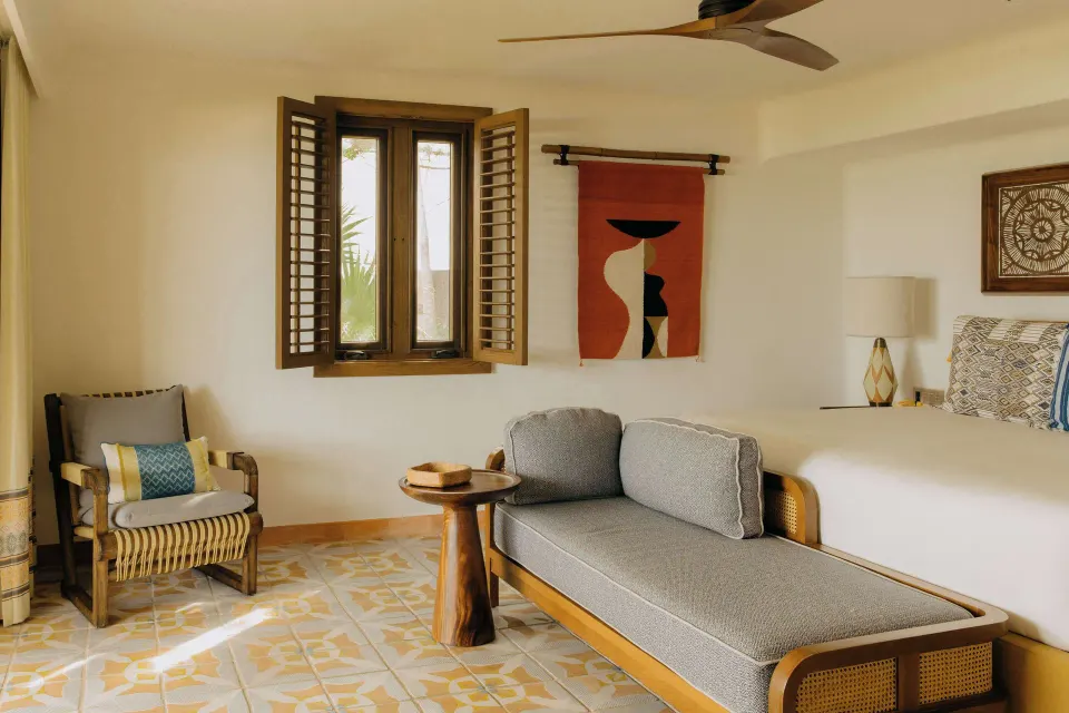 Junior Suite Ocean View sitting area and king bed at Maroma, Riviera Maya.