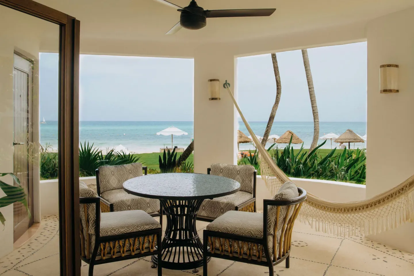 Junior Suite Ocean View terrace hammock and ocean at Maroma, Riviera Maya.