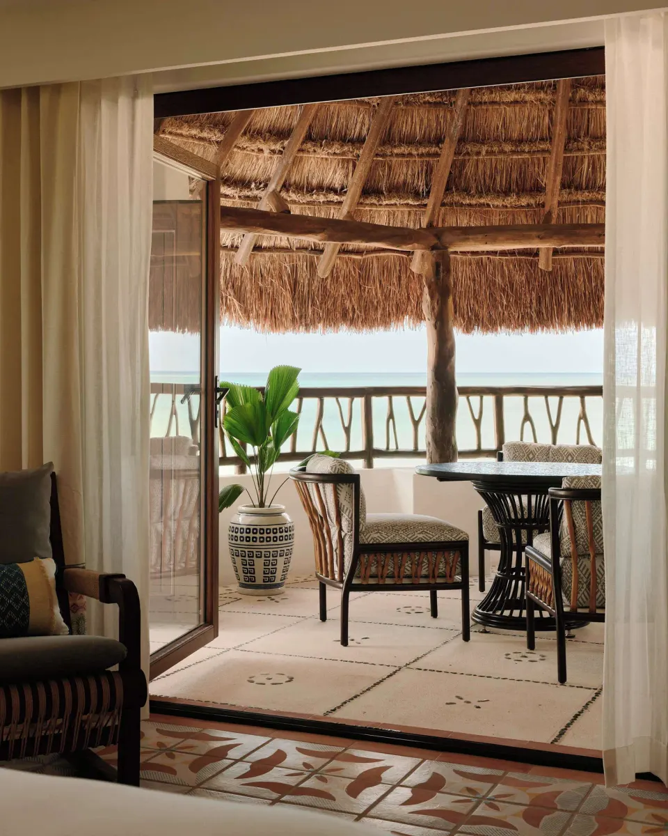 Junior Suite Ocean View terrace seating and sea view at Maroma, Riviera Maya.