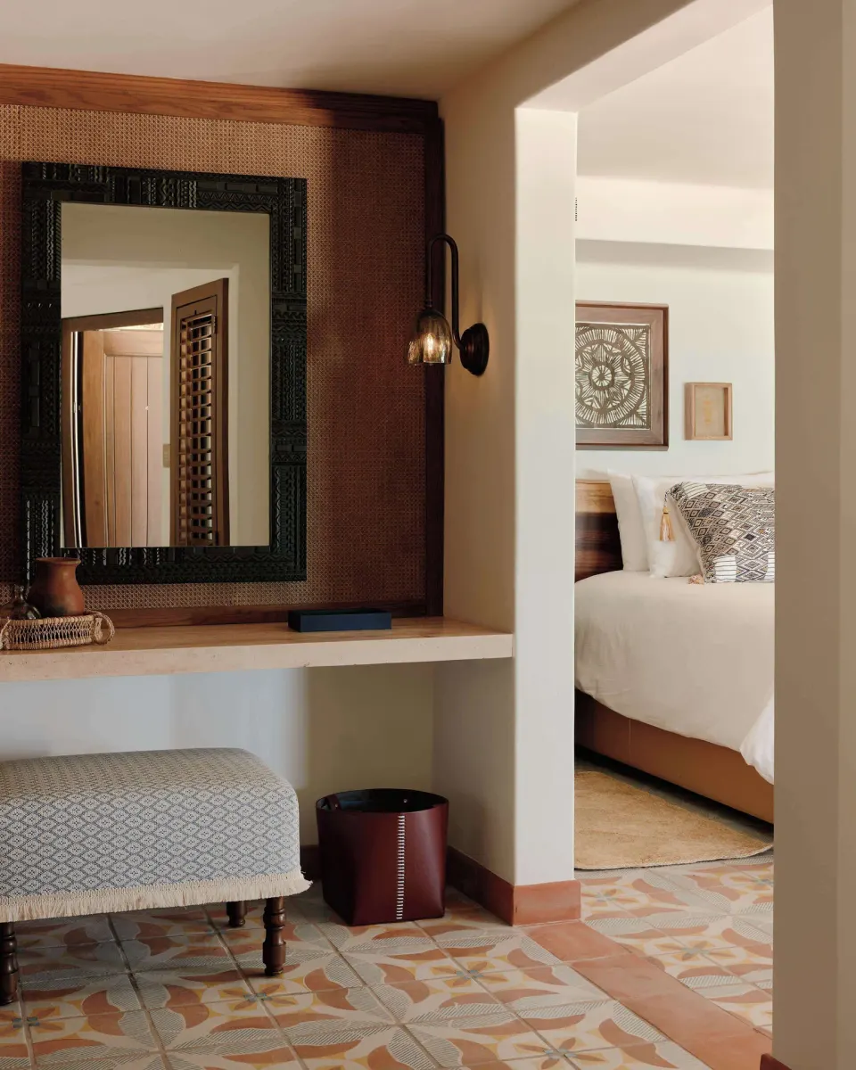 Junior Suite Ocean View vanity and king bed doorway at Maroma, Riviera Maya.