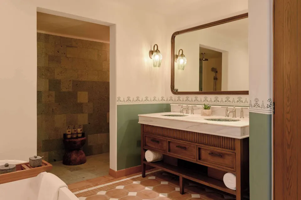 Ocean View Premium Suite bathroom with double vanity and shower at Maroma, Riviera Maya.